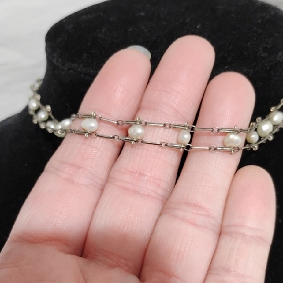 SALE! Elegant 925 Sterling Silver & White Genuine Pearl Choker Necklace 14" - Picture 2 of 7